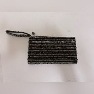 Black silver Beaded mini clutch small purse‎ wristlet striped evening retro